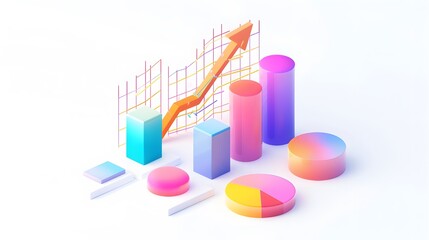 lying composition 3d icon, UI icon, a chart icon, bar chart has a rising arrow on it, bar chart, pie chart, a rising arrow, frosted glass, transparent, white background, transparent technology sense