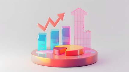 lying composition 3d icon, UI icon, a chart icon, bar chart has a rising arrow on it, bar chart, pie chart, a rising arrow, frosted glass, transparent, white background, transparent technology sense
