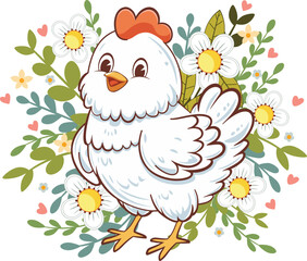 Happy hen with flowers. Cute cartoon happy white hen with flowers and leaves illustration.