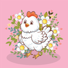 Happy hen with flowers. Cute cartoon happy white hen with flowers and leaves illustration.