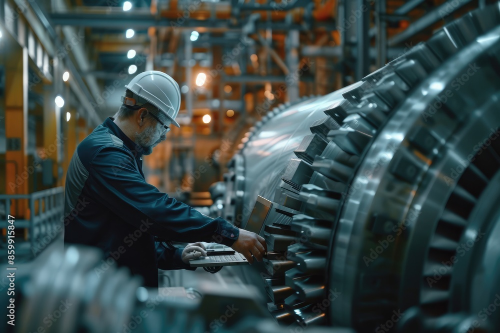 Poster skilled engineer checking iron machine in factory while using laptop to repair machine. industrial w