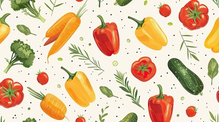 Fresh Vegetables Pattern with Carrots, Peppers, Tomatoes, Broccoli, and Herbs