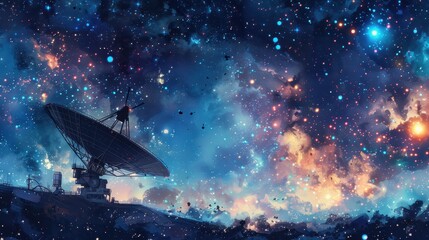 A futuristic satellite dish on a space station, with stars and planets visible in the background, illustration background