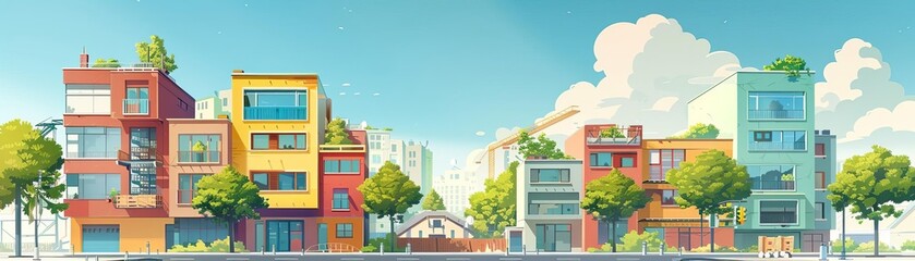 Obraz premium sustainable construction flat design side view building site cartoon drawing Triadic Color Scheme