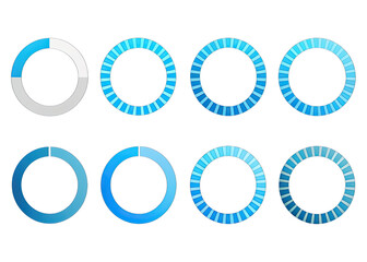 A set of eight blue circle loading progress indicators in different stages of completion. The indicators are designed to show the progress of a task or operation. Generative AI