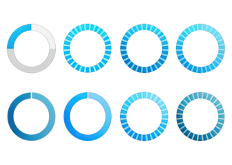 A set of eight blue circle loading progress indicators in different stages of completion. The indicators are designed to show the progress of a task or operation. Generative AI
