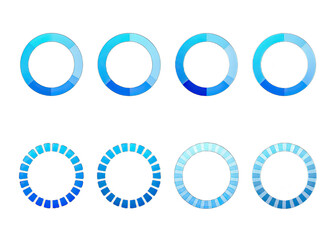 A set of six blue circular progress indicators, each representing a different stage of completion. The indicators are arranged in two rows of three, with the top row featuring solid circles and the bo