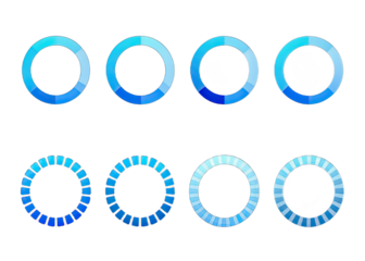 A set of six blue circular progress indicators, each representing a different stage of completion. The indicators are arranged in two rows of three, with the top row featuring solid circles and the bo