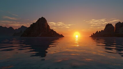  Breathtaking sunset over the ocean, featuring rocks and water that enhance the magical ambiance of the scene.