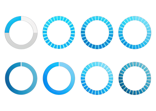 A set of eight blue circle loading progress indicators in different stages of completion. The indicators are designed to show the progress of a task or operation. Generative AI