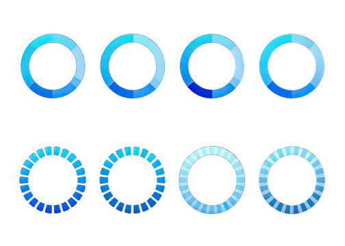 A set of six blue circular progress indicators, each representing a different stage of completion. The indicators are arranged in two rows of three, with the top row featuring solid circles and the bo