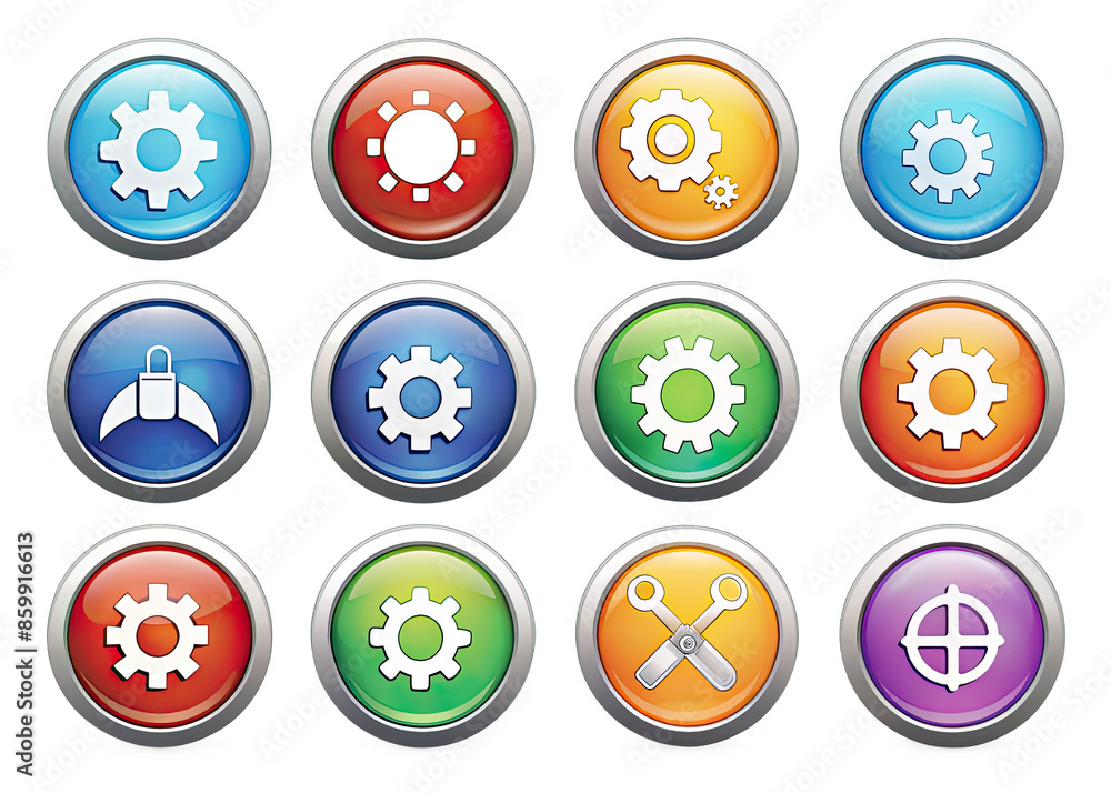 Sticker a collection of twelve colorful circular icons featuring settings symbols, isolated on a white backg