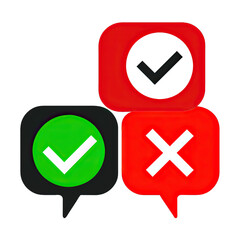 A simple design with three chat bubbles, one red and one green, both with check marks and the other red with an X, symbolizing agree, disagree, and no. Generative AI