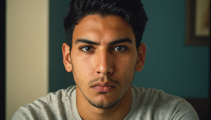 Obraz premium man young adult or teen teenager boy, latino hispanic young hispanic man with serious face as portrait
