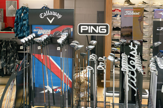 DUBAI, UAE - FEBRUARY 21, 2019: golf clubs for sale as seen in Dubai International Airport.