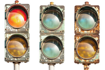  Vintage traffic lights showing different colors in a sequential order, aged and rustic, isolated on a white background.