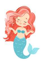 Hand drown vector illustration. Beautiful Girl Mermaid with pink hair isolated on white background