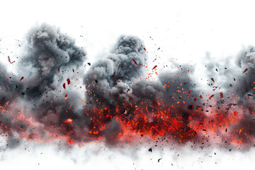 Dramatic explosive smoke cloud with red debris, isolated on white, symbolizing chaos and impact.