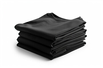 Perfectly stacked pile of black shirts on a clean white background, emphasizing simplicity and elegance in apparel.