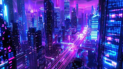 Big city night neon cyberpunk modern futuristic panorama Background wallpaper AI generated image