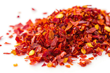 Pile of crushed red pepper flakes with visible seeds, perfect for culinary use, isolated on a white background.