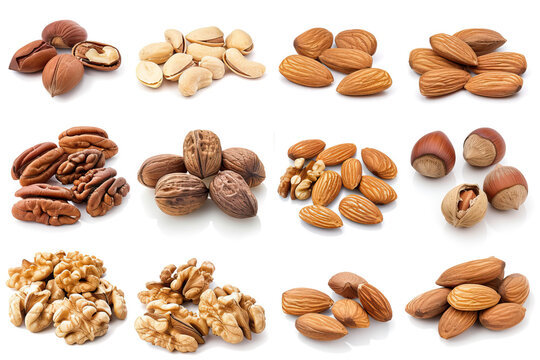 Diverse array of nuts including almonds, walnuts, and pecans, neatly categorized for display, isolated on white background