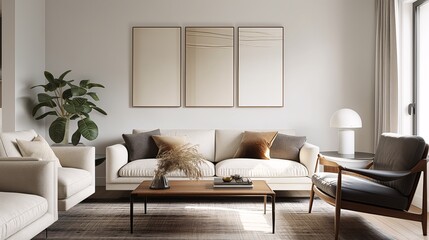 Living room with new nostalgia style, incorporating vintage artwork and contemporary decor