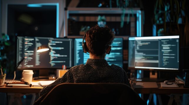 Attractive professional software developer coding program or engineering prompt. Skilled programmer typing computer and laptop while developing system with blurring background. Technology. AIG42.