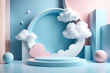  Cloud background podium blue 3d product sky white display platform render abstract stage pastel...