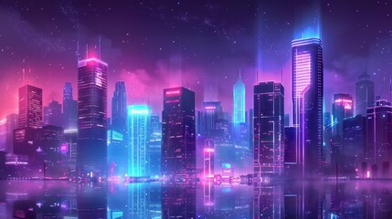 Fototapeta premium Big city night neon cyberpunk modern futuristic panorama Background wallpaper AI generated image