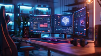 Obraz premium High-Tech Multi-Monitor Gaming and Work Setup with Neon Lighting in Modern Room