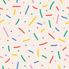 Fun colorful line seamless pattern set. Cute playful childish hand drawn print collection. Creative multicolor shape background. Simple confetti party texture. Vector illustration