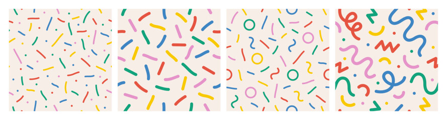 Fun colorful line seamless pattern set. Cute playful childish hand drawn print collection. Creative multicolor shape background. Simple confetti party texture. Vector illustration