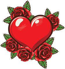 Red heart with roses. Retro tattoo design with red heart and roses with leaves.