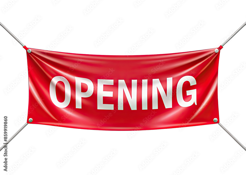 Canvas Prints a red banner with the word opening printed in white hangs on two strings against a white background.