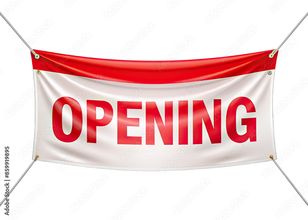 Canvas Prints a red and white banner with the word opening printed in bold red letters hangs from two white ropes 
