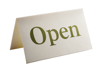 A white open sign with gold lettering on a white background. The sign is isolated and ready for use. Generative AI