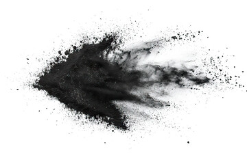 Dynamic black powder explosion captured against a stark white background, symbolizing energy and power.