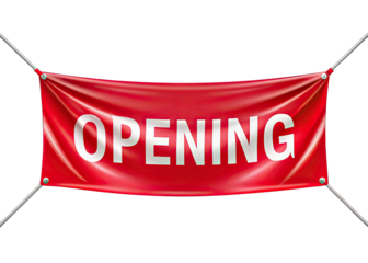 A red banner with the word Opening printed in white hangs on two strings against a white background. Generative AI