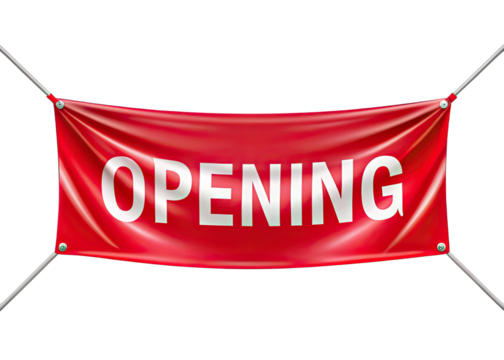 A red banner with the word Opening printed in white hangs on two strings against a white background. Generative AI