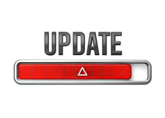 A digital progress bar displays the word UPDATE in black text above a red bar. The bar is partially filled with a red, textured pattern and a white triangle. The bar is framed by a thin silver border.