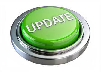 A green button with the word UPDATE in white text, isolated on a white background. The button has a metallic rim and a glossy finish. Generative AI