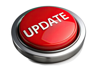 A red button with a silver rim, displaying the word UPDATE in white lettering, is isolated on a white background. Generative AI