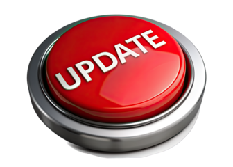 A red button with a silver rim, displaying the word UPDATE in white lettering, is isolated on a white background. Generative AI