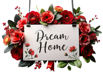 A white hanging sign with the words Dream Home written in black cursive is surrounded by red flowers and greenery against a black background. Generative AI