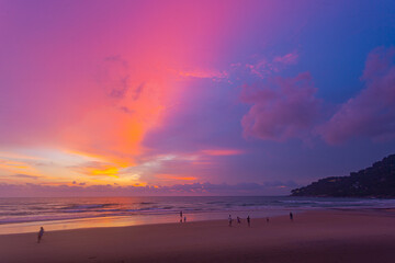 Scenery sweet sky cloud scape in colorful sunset..colorful light through to the cloud above the ocean..Scene of Colorful romantic sky sunset background..An ocean sunset with a sweet sky