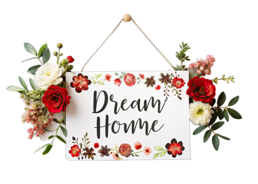 A white sign with the words Dream Home in black cursive lettering hangs from a string with a wooden knob. A floral border featuring red, burgundy, and cream flowers in a watercolor style surrounds the