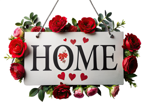 A white hanging sign with the word HOME in large, black letters is surrounded by red roses and green leaves on a white background. The sign has small red hearts around the word home. Generative AI