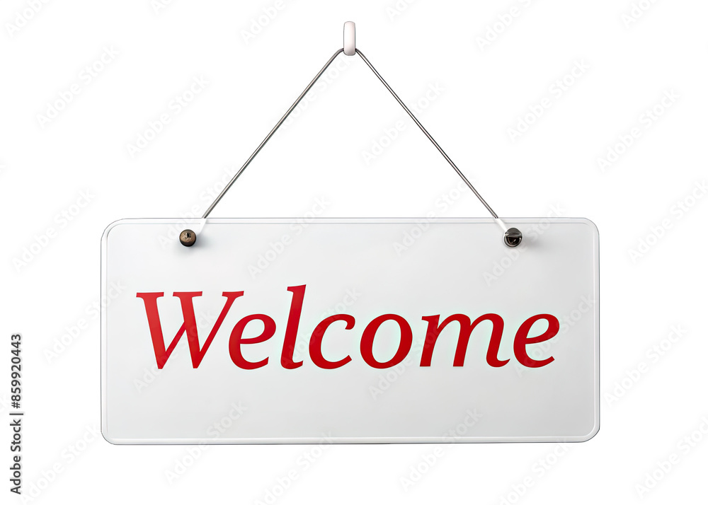 Fototapete a white sign with the word welcome written in red hangs from a wire on a white background. generativ