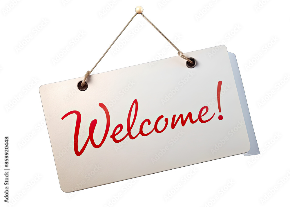 Wall mural a white sign with the word welcome in red cursive lettering hangs on a string against a white backgr